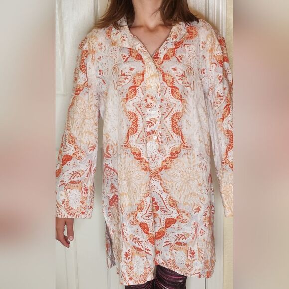 Chico's 1/M Orange White Paisley Print 100% LINEN 3/4 Slv 1/2 Button Women's Top - Picture 3 of 12